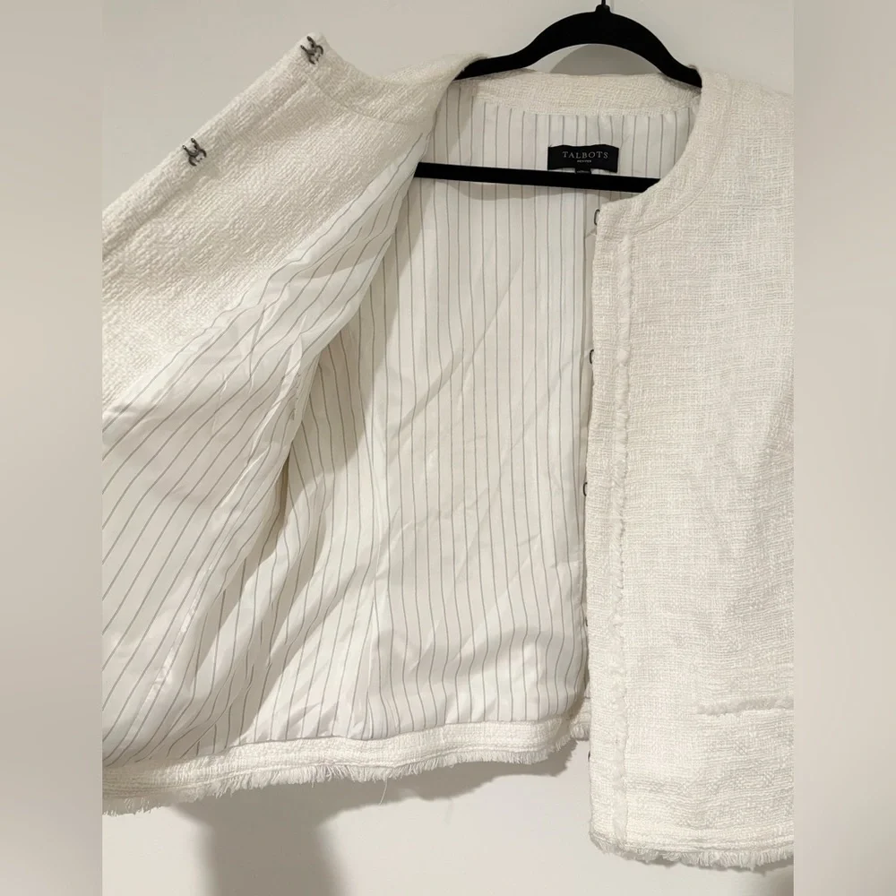 Talbots Women’s White Tweed Ruffle Sleeve Blazer Jacket Workwear Office 16P - Picture 5 of 9